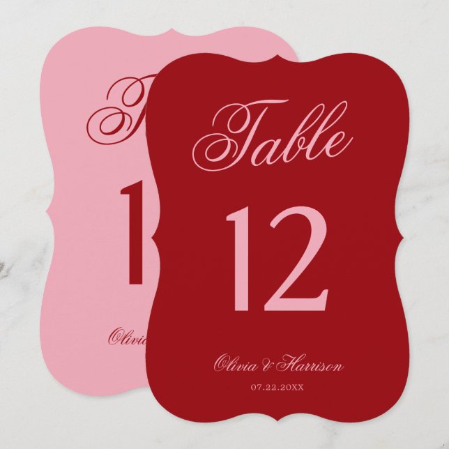 Numéros de table en script découpe gras rose rouge (Devant / Derrière)