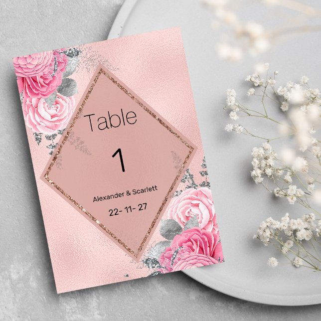 Numéros de table floraux de pivoine à paillettes a (Pink silver glitter peony floral Table Numbers )