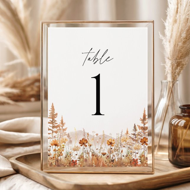 Numéros de table Montagne Fleur Sauvage Terracotta (Terracotta wildflower mountain wedding table numbers, elegant boho rustic table decor in gold frame)