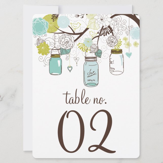 Numéros de table sur cartes avec pots Mason bleus  (Devant)