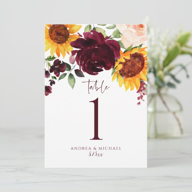 Numéros de table Tournesol Roses Bordeaux Rouge Ma (Debout devant)