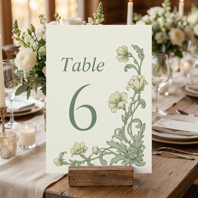Numéros de table verts sauge floraux botaniques vi (Vintage Botanical Floral Sage Green Table Numbers.)