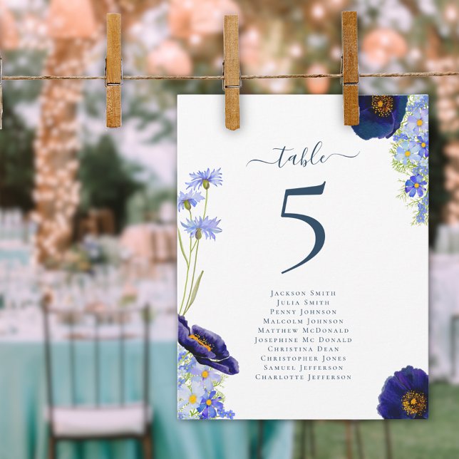 Numéros de tables de mariage aux fleurs sauvages m (Modern blue wildflower summer floral wedding table number seating chart elegant stylish typography)