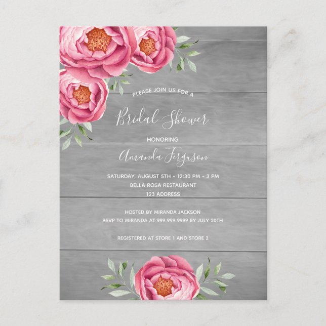 nuptiale douche grise bois rose invitation florale (Devant)