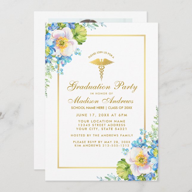 Nurse Blue Floral Grad Party Invitation - Photo Re (Devant / Derrière)
