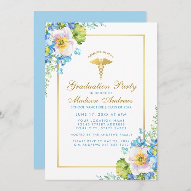 Nurse Gold Blue Floral Grad Party Invitation BG (Devant / Derrière)