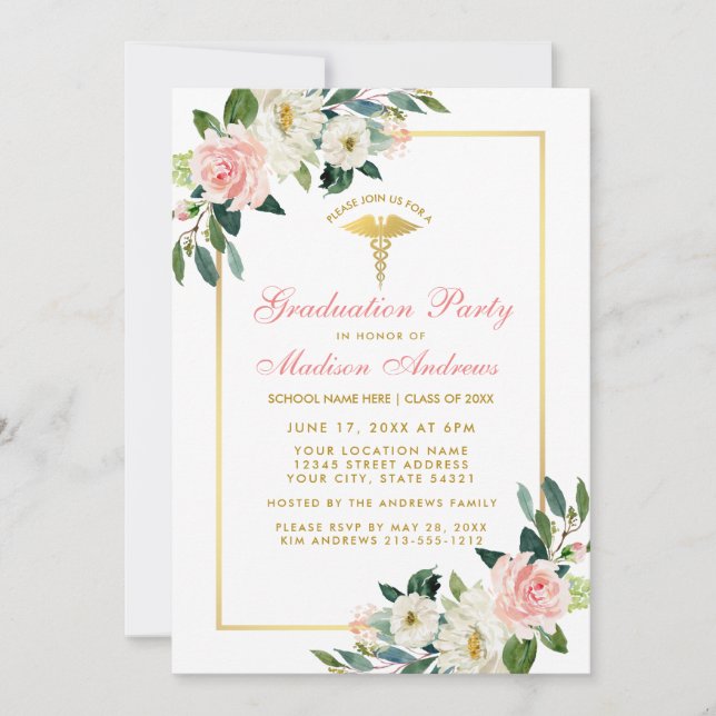 Nurse Graduation Party Pink Floral Gold Invitation (Devant)