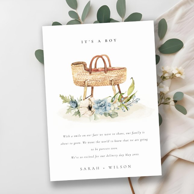 Nursery Blue Floral Bassinet Baby Faire-part (Créateur téléchargé)