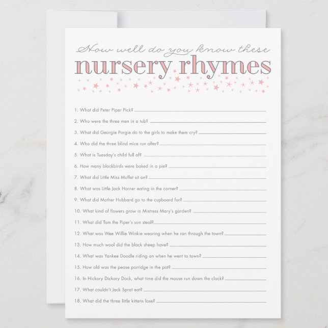 Nursery Rhyme Game Star Baby shower Carte de jeu (Devant)