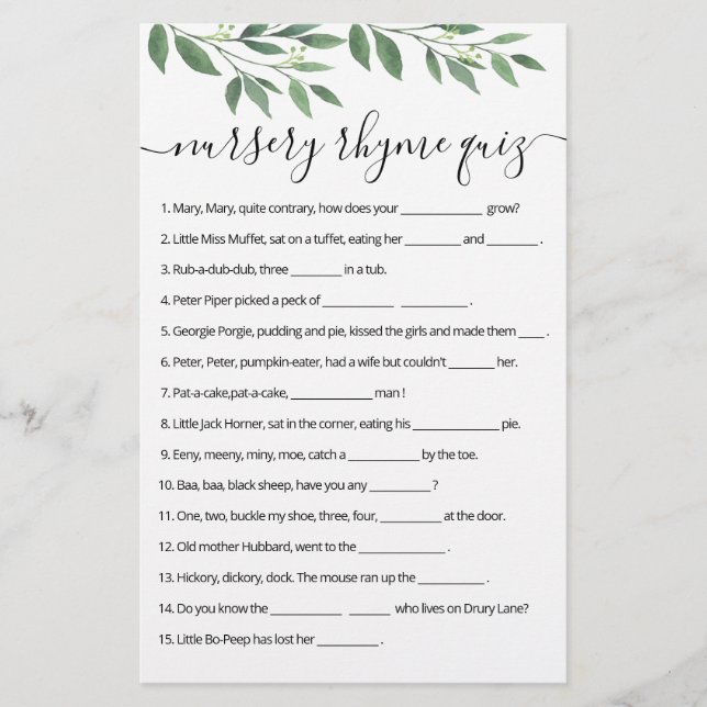 Nursery Rhyme Quiz jeu de Baby shower avec réponse (Devant)