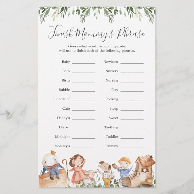 Nursery Rhymes Baby shower Terminer la phrase de m (Devant)