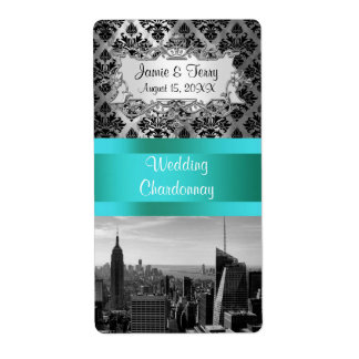 NY City Skyline BW B3 Damask F2 - Étiquette à vin