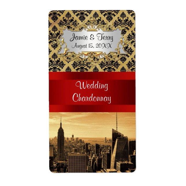 NY City Skyline Sepia B4 Damask Party Étiquette de (Devant)
