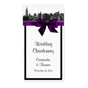 NYC Large Skyline Etted BW Purple Wine Étiquette