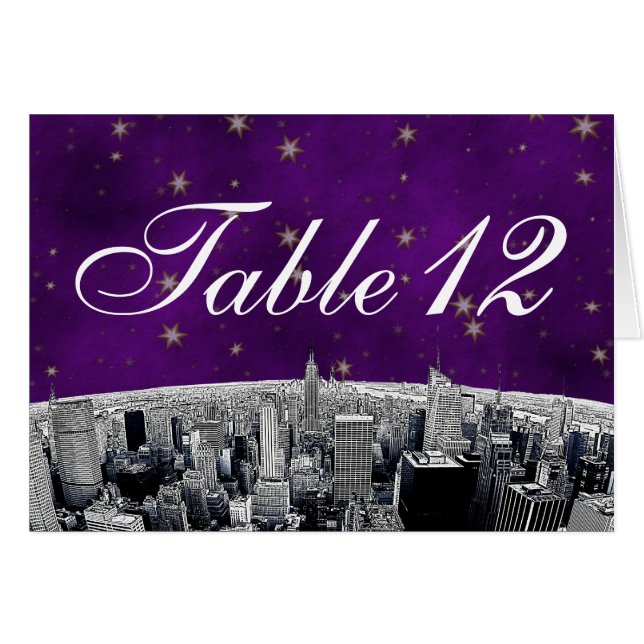 NYC Skyline 2 Purple Gold Star Numéro de table (Devant horizontal)