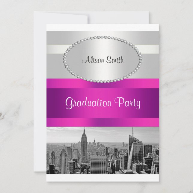 NYC Skyline BW 05 White Hot Pink Invitation (Devant)