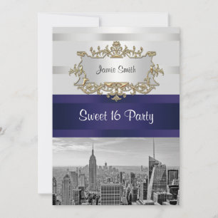 NYC Skyline BW 05 White Navy 2 Sweet 16 Invitation