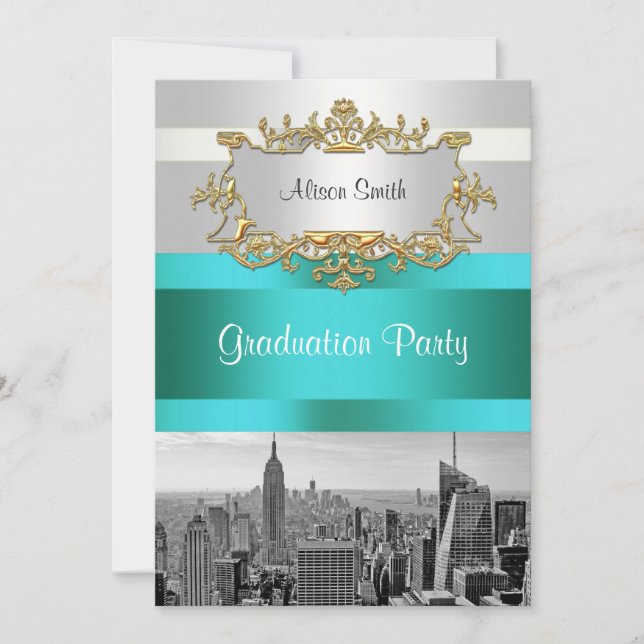 NYC Skyline BW 05 White Turquoise Invitation (Devant)