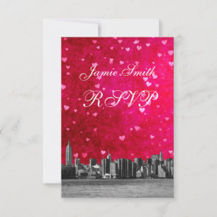 NYC Skyline Hot Rose Red Heart Etched RSVP w Menu