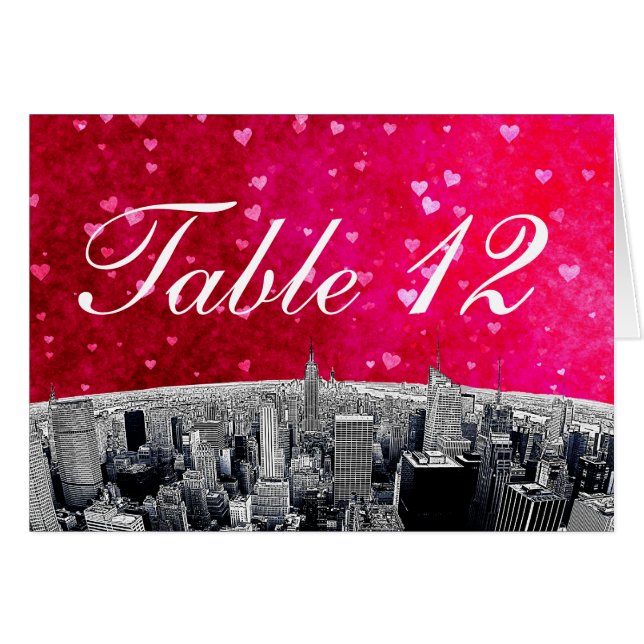NYC Skyline no 2 Rose Red Heart Numéro de table (Devant horizontal)