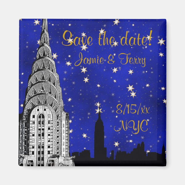 NYC Skyline Silhouette Blue Star Save Date Magnet (Devant)