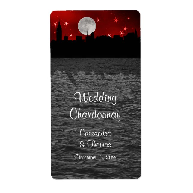 NYC Skyline Silhouette Moon Étiquette vin rouge (Devant)