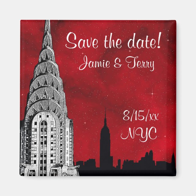 NYC Skyline Silhouette Red Star Save Date Magnet 2 (Devant)