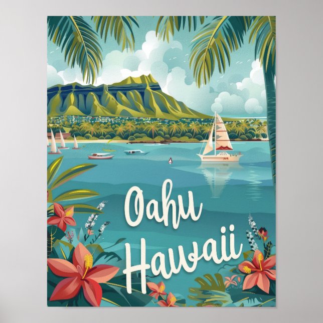 Oahu Hawaii Affiche de voyage Art Imprimer Poster (Devant)