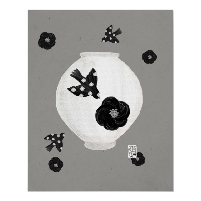 objet_22_camellia, oiseau et poterie affiche glacé (Devant)
