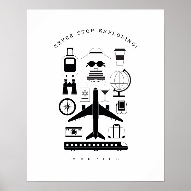 Objets de voyage modernes en noir et blanc Poster  (Devant)