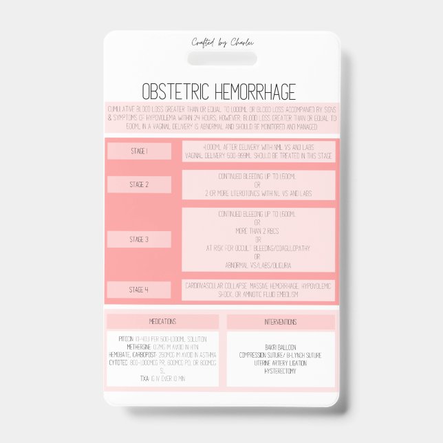 Obstetric Hemorrhage Reference Nurse Badge (Face)