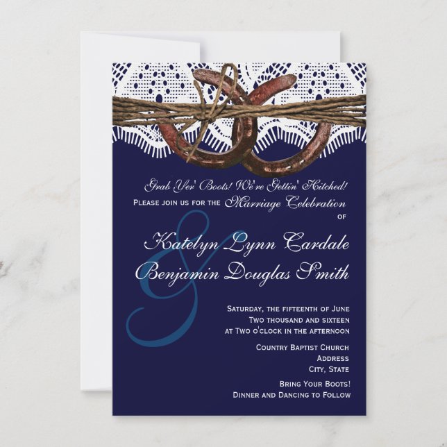 Obtenir Hitched Navy Horseshoe Invitations de mari (Devant)