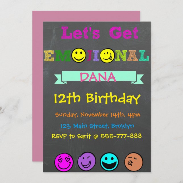 Obtenons Emojinal, Emoji Girl Birthday Invitation (Devant / Derrière)