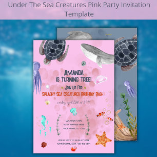 Ocean Animaux Tortue Enfants Fête rose Invitation