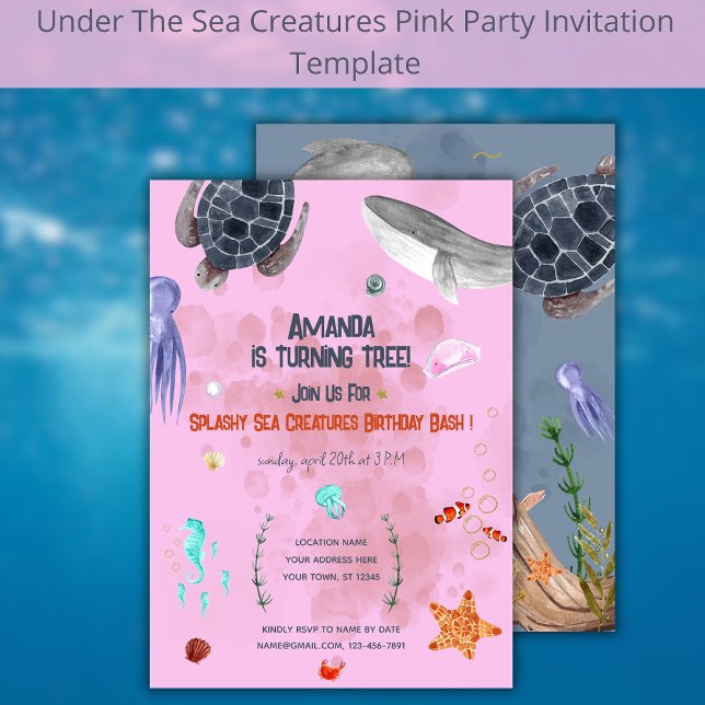 Ocean Animaux Tortue Enfants Fête rose Invitation (Créateur téléchargé)