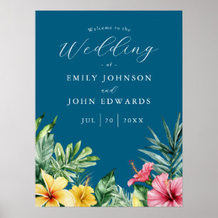 Ocean Blue Tropical Flowers Mariage Affiche de bie