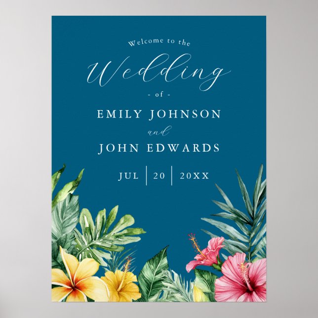 Ocean Blue Tropical Flowers Mariage Affiche de bie (Devant)