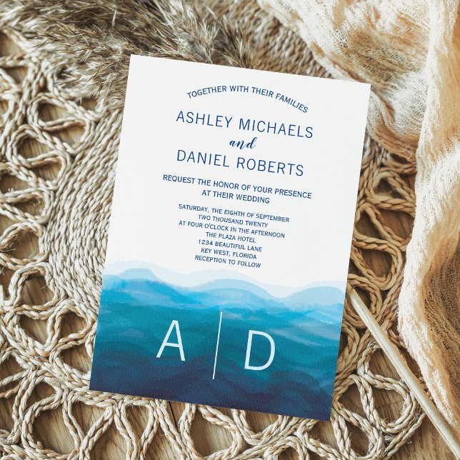 Ocean Blue Waves Watercolor Faire-part de mariage (Créateur téléchargé)