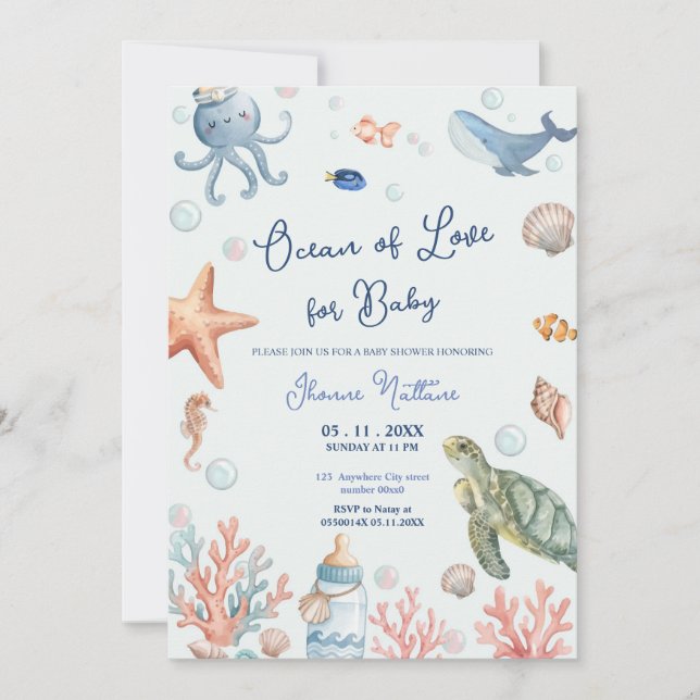 Océan d'amour pour invitation de baby shower plage (Devant)
