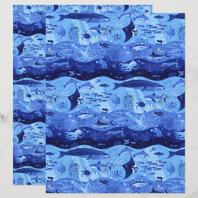 Ocean Depth Zones - Marine Animals Scrapbook Paper (Devant / Derrière)