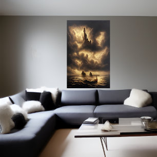 Océan et un château dans le ciel   AI Art Poster