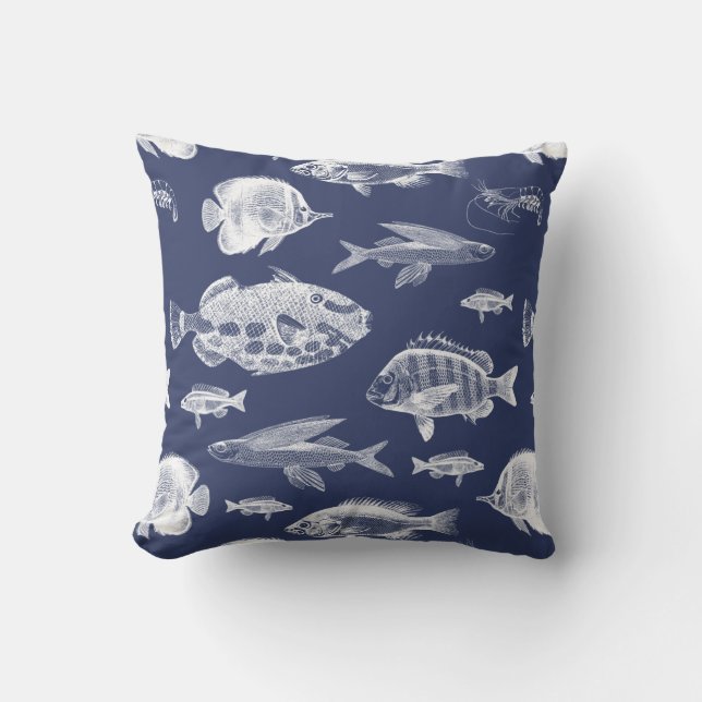 Ocean Fish Navy Bleu Blanc Coussin extérieur (Recto)