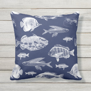 Ocean Fish Navy Bleu Blanc Coussin extérieur