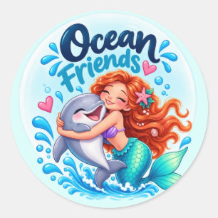 Ocean Friends Sirène & Dauphin Autocollant Rond Cl
