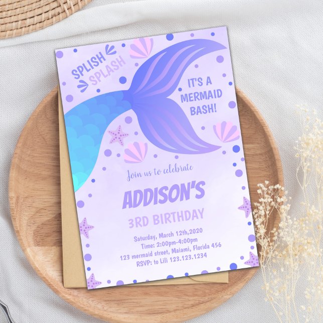 Ocean Shell et Under the Sea Party Invitation (Purple Blue Tail Shell Mermaid Invitations)