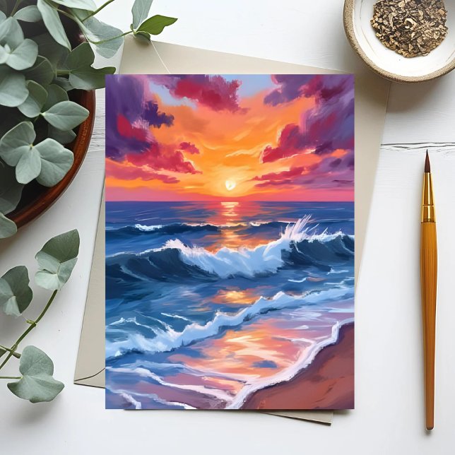 Ocean Sunset Beach Waves Watercolor Card (Créateur téléchargé)