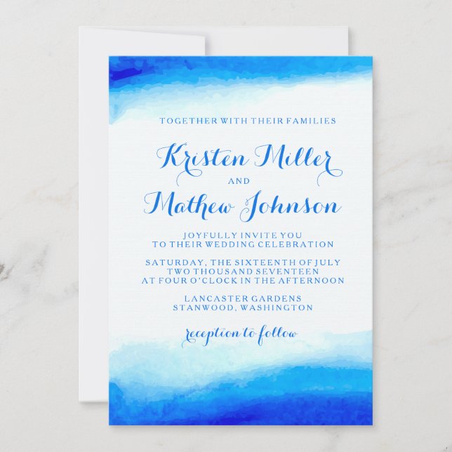 Océan Watercolor Faire-part de mariage bleu (Devant)