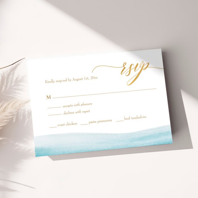 Ocean Watercolor Gold Script Plage Mariage RSVP (Créateur téléchargé)