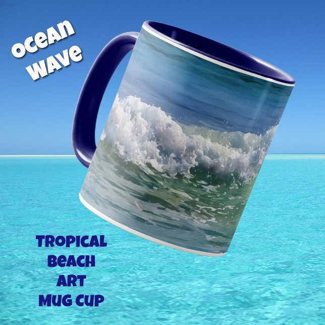 Ocean Wave Tropical Beach Art Mug Cup (An ocean wave on a tropical beach and in a watercolors style art on a mug.)