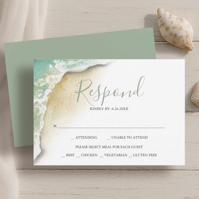 Ocean Waves Beach Wedding Réponse RSVP (Beach wedding rsvp card watercolor seashore art by Victoria Grigaliunas of Do Tell A Belle)